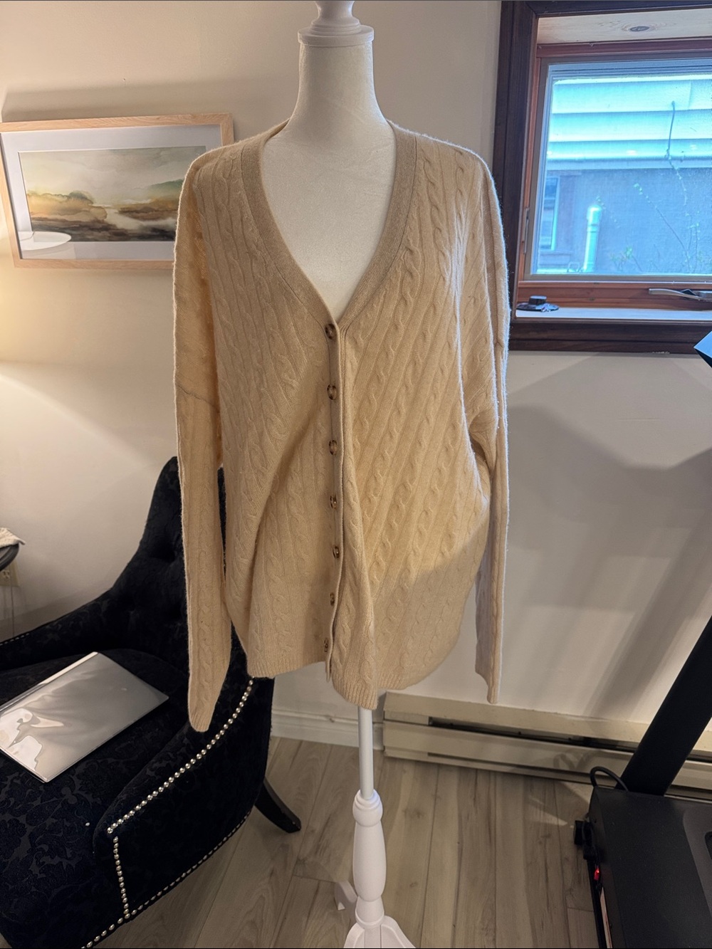 Reformation Cashmere Cream Cable-Knit V-Neck Button Cardigan